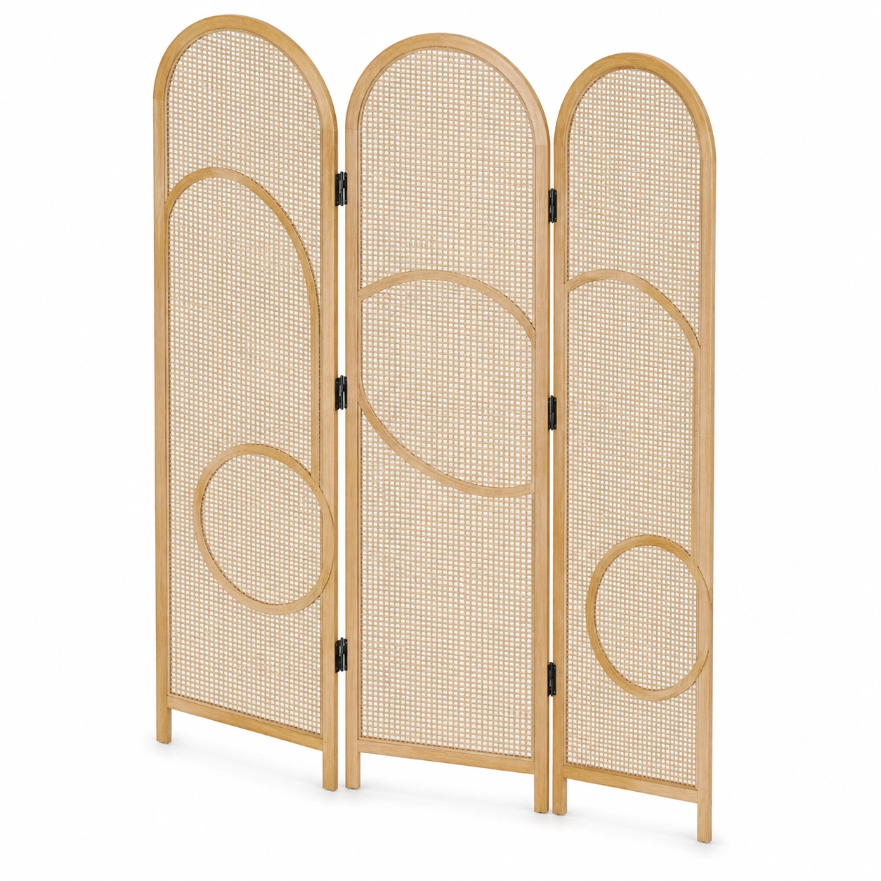 Biombo separador de ambientes de 3 paneles en madera natural con diseno de ratán 166 x 180 cm-ordernovae
